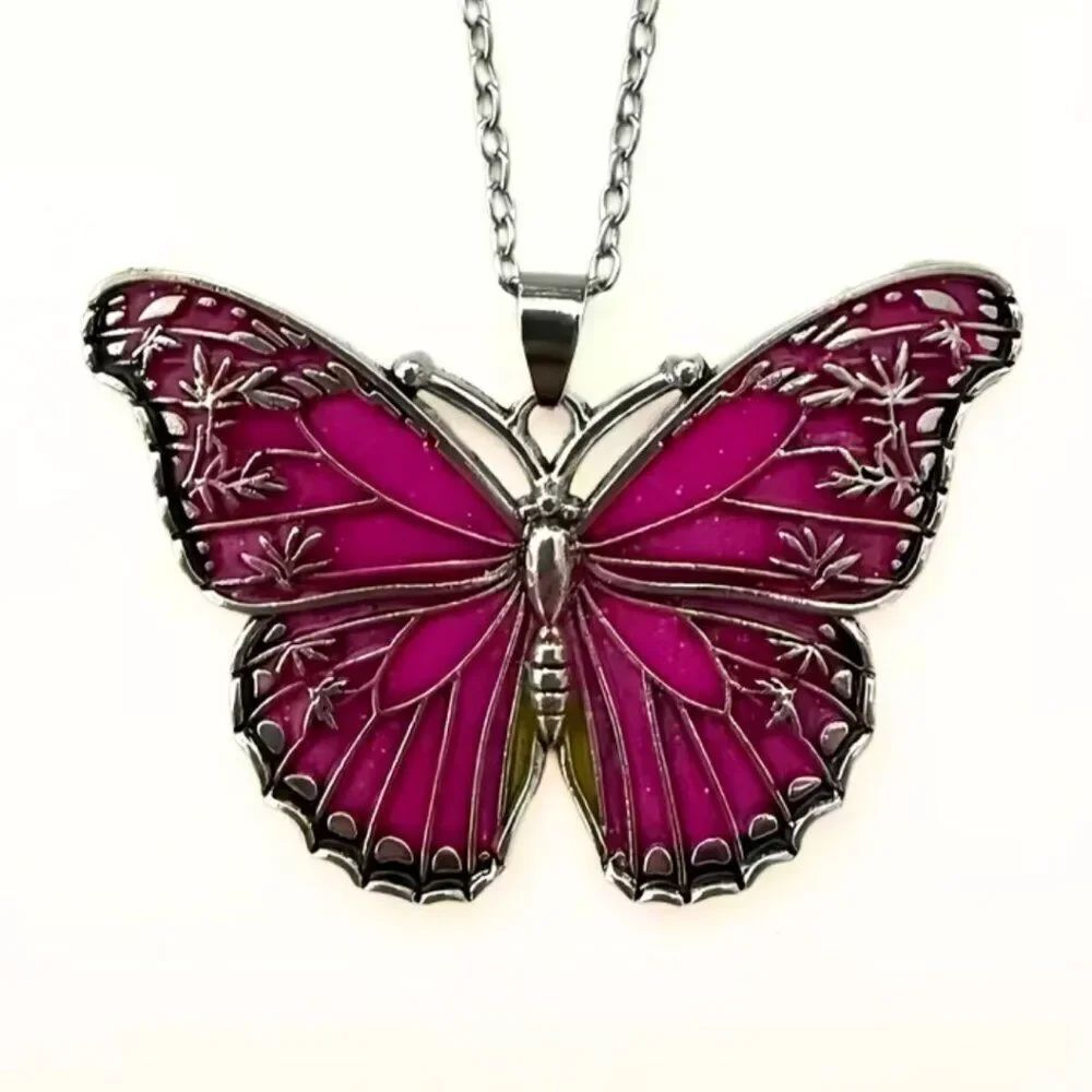 NWT Vintage Pink Glitter Butterfly Pendant Necklace Boho Y2K Gothic